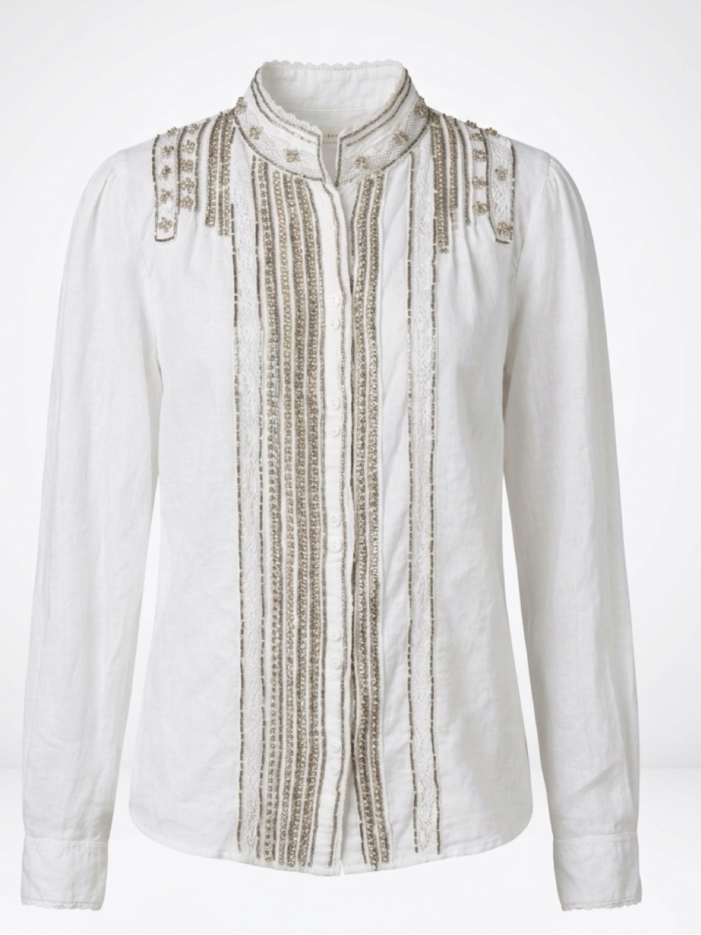 Floreat Linen and Lace Button-Front Blouse, Embroidered/Beaded, white/slvr, 4